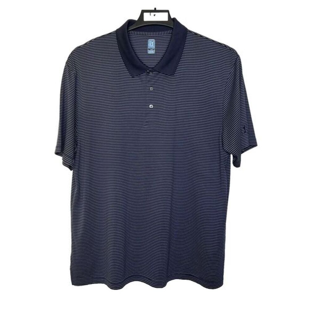 Mens PGA Tour Men's Size XXL Polo Blue/White Striped Short Sleeve Logo Polyester